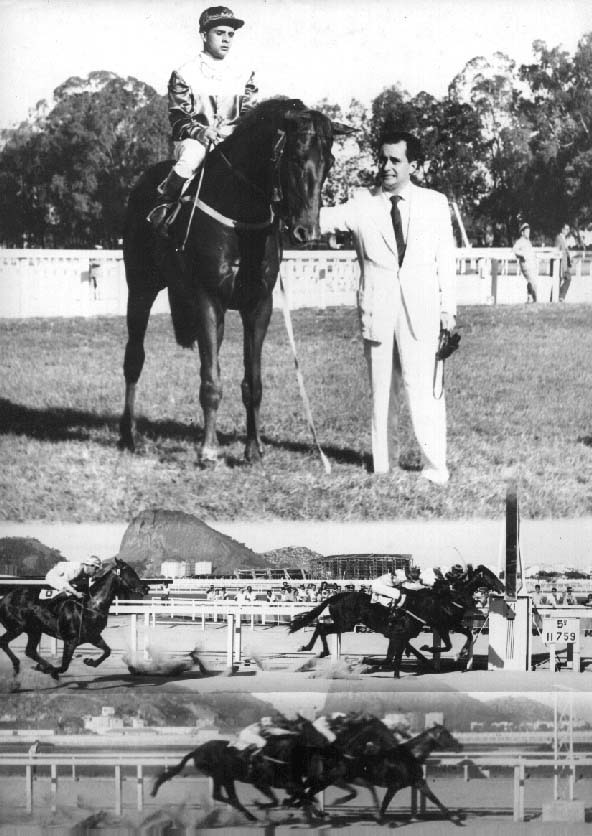 The founder of Stud Baependi, admiral Mario Luiz de Lima Lages, receiving NODDY, mounted by the jockey Adalton Santos, after to win a race in Gávea Racetrack, in Rio de Janeiro, 11 July 1959